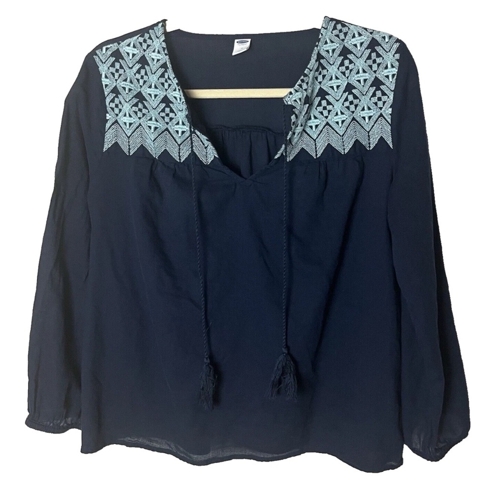 Old Navy Top Size Medium 3/4 Sleeves Lightweight Embroidered Tassel Ties Blue